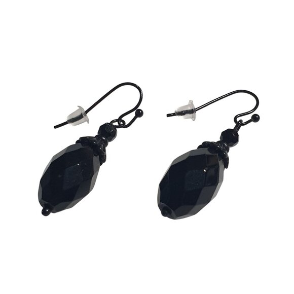 Black Faceted Bead Drop Earrings Elegant Hook Back Jewelry Handmade Design Gift - Picture 2 of 5